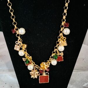NIB Avon Gold Charm Necklace with Pearls and Red Christmas Charms